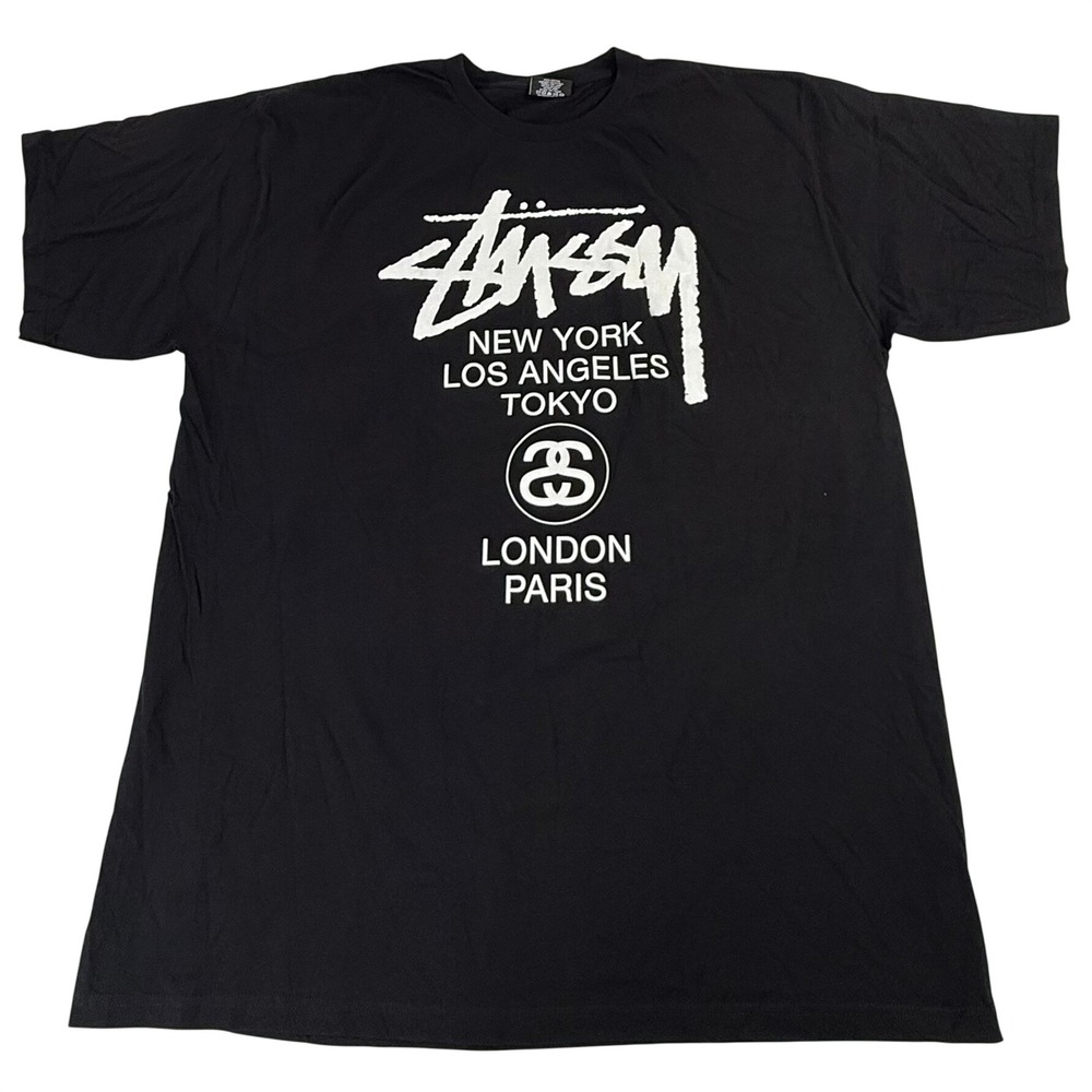 Stussy World Tour Black Graphic T-Shirt Mens XXL Short Sleeve Streetwear Tee